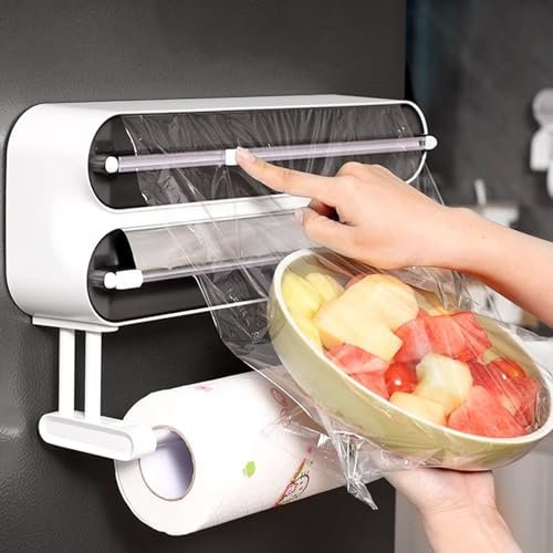 3 in 1 Frischhaltefolienspender, Magnetischer Folienspender mit Schneider, Abroller und Spender, Wandrollenhalter Küche, Folienschneider, Küchenrollenhalter Ohne Bohren, Schwarz