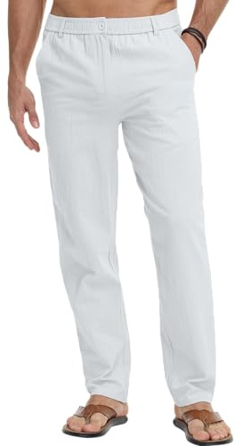 LVCBL Mens Trousers Casual Beach Trousers Elasticated Waist Linen Pants White 2XL