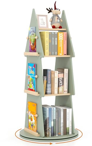 COSTWAY Kids Bookshelf, 360°Rotating Childrens Bookcase with Side Hooks, Free Standing Revolving Book Storage Rack Organiser for Kid Room, Playroom, Study Room (4 Tier)