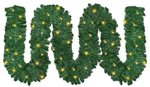 16 Ft/5M Christmas Garland with Lights, Artificial Xmas Garland for Mantle Stairs Door Staircase Railing Fireplace Front Porch Decor Outdoor Indoor Home Decoration,Battery Operated 100 LED Lights