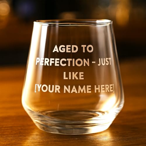 Beam & Etch – Personalised Funny Engraved Whisky Glass – Custom Name Tumbler Gift – 10 Designs – 345ml – Birthday, Christmas or Any Occasion – with Slate Coaster & Greeting Card (Aged to Perfection)