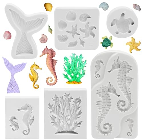 6 PCS Marine Themed Silicone Mould Set, 3D Mermaid Tail Silicone Baking Molds, Seashell Conch Starfish Coral Baking Molds for DIY Cake Decoration, Chocolate, Candy and Handmade Soap