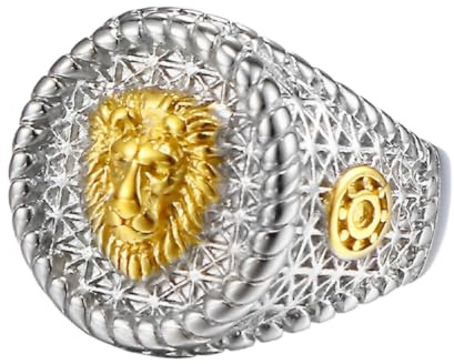 Anillo de sello de león plateado para hombres Estiloso anillo redondo de león en oro Clásico anillo de roca animal Joyería para hombres, Acero inoxidable, Sin piedras preciosas