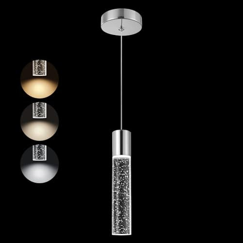 JOLTCIY Modern Pendant Lights, LED Bubble K9 Crystal Kitchen Island Lights Fixtures, Chrome Mini Single Pendant Lighting for Kitchen Island Bar,6W,2700-6000K,3Pack