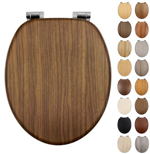Fanmitrk Standard Wooden Toilet Seat Soft Close, MDF Adjustable Hinges with Bottom Fixture,Easy to Clean and Install for Bathroom(JHE146-2-01)
