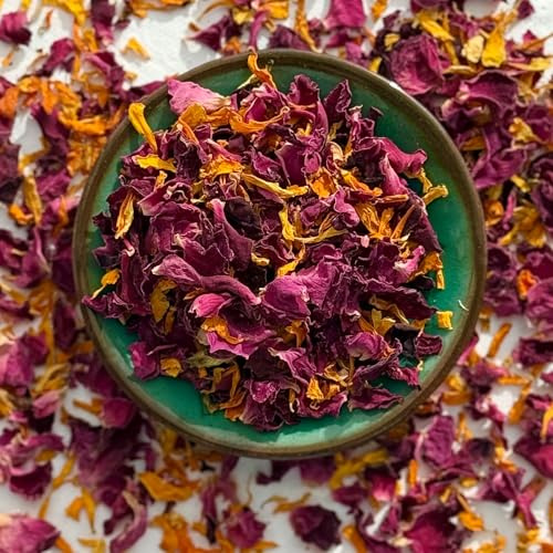 Edible Flower Petals – 25g - Indian Summer Blend of Dried Natural Magenta Rose and Orange Marigold Petals - Certified Food Grade (267)