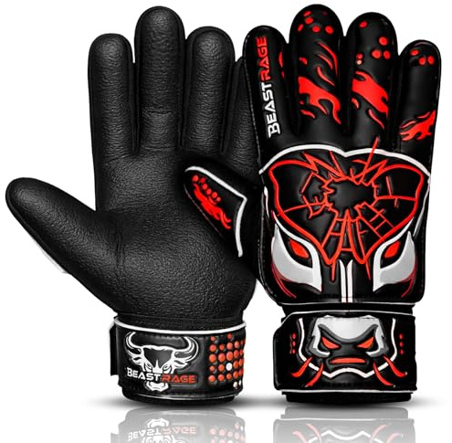 BEAST RAGE Kids Goalkeeper Gloves–Premium Anti-Slip Super Grip 3MM+4MM Laminated Palm,Lightweight Backhand 3+4MM,Adjustable Wrist Strap,Soccer Goalie Gloves for Kids,Youth and Adults (Red, 4)
