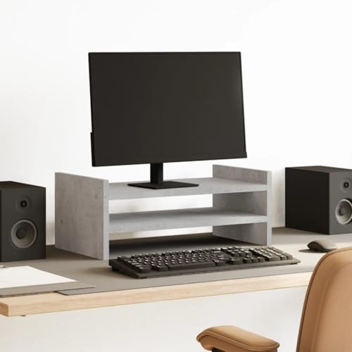 Runheo Monitorställ betonggrått av trämaterial 50 x 27 x 20 cm, 2 hyllor, 25 kg lastkapacitet för skrivbord, hemmakontor och spelstation med ordning på arbetsplatsen