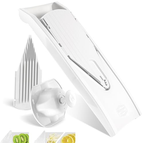 Börner Gemüsehobel V1 (Basis Set) • V-Hobel mit 2 Einsätzen & Fruchthalter • Verstellbarer Küchenhobel für Gemüse & Obst • Gemüseschneider für Scheiben in 3 Stärken • Farbe: Weiß