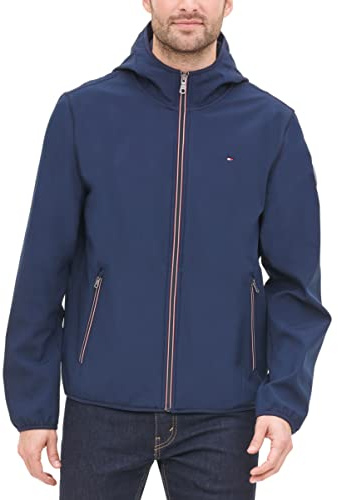 Tommy Hilfiger Men's Lightweight Water Resistant Breathable Hooded Performance Softshell Jacket Windbreaker Jacket