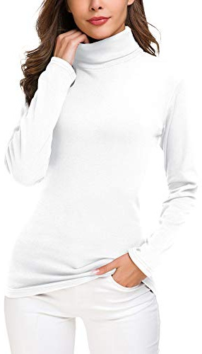 EXCHIC Långärmad polotröja för kvinnor smal passform stickad pullover tröja toppar, Vitt, XL