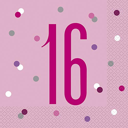 Dazzling 16th Glitz Pink & Silver Luncheon Napkins (16cm) - Soft & Chic Sparkling Design - Perfect for Celebrations & Events - 16ct