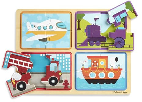 Melissa & Doug Natural Play Wooden Puzzle: Ready, Set, Go (Four 4-Piece Vehicle Puzzles)