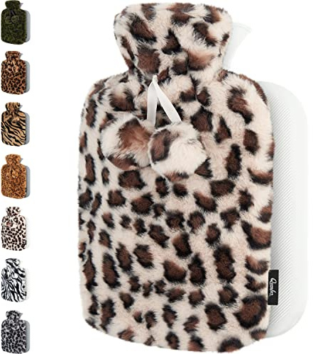 Qomfor Bolsa De Agua Caliente Con Funda Suave Funda De Felpa Premium - Gran Capacidad De 1.8L - Crema de leopardo