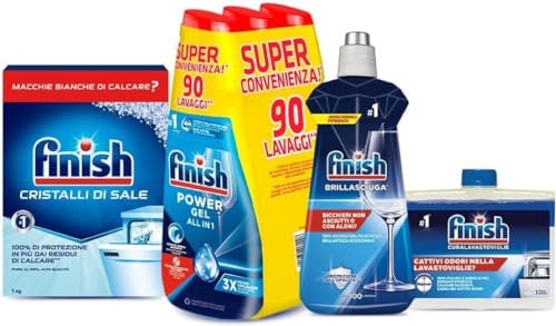 Finish Kit Lavastoviglie; Finish Powergel Detersivo Lavastoviglie Fresh 90 Lavaggi, Brillantante Regular 500ml, Curalavastoviglie regular 250ml, Cristalli di Sale 1kg
