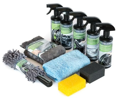 Velonity Pflegeset - 10-teiliges Set inklusive Felgenbürste, Insektenentferner, Reifenpfleger (Seidenmatt), Felgenreiniger, Felgenversiegelung, Innenreiniger und Microfasertuch…
