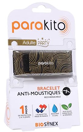 BIOSYNEX - PARAKITO - Bracelet Anti-Moustiques Rechargeable - 2 Recharges Incluses - 1 Mois d'Utilisation - Sans DEET - Motif Doré Party Noeuds - Taille Adulte
