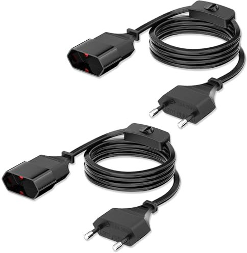 2M Euro Stromkabel Anschlusskabel, Verlängerungskabel Flachstecker, Eurostecker Verlängerung, Euro Stromkabel mit Schalter, 0,75 mm², für TV, PC und Computer (250V/2,5A)