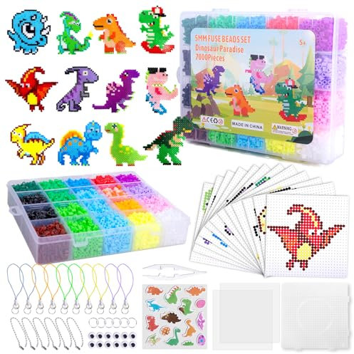 Wzone 7000 Bügelperlen Set, 5mm Bügelperlen Groß mit Bügelperlen Platten, Pinzette, 1:1 Farbbilder zum Selbermachen 12 Dinosaurier, Designverzierungen und 3D-Bastelideen für Kindergeschenke
