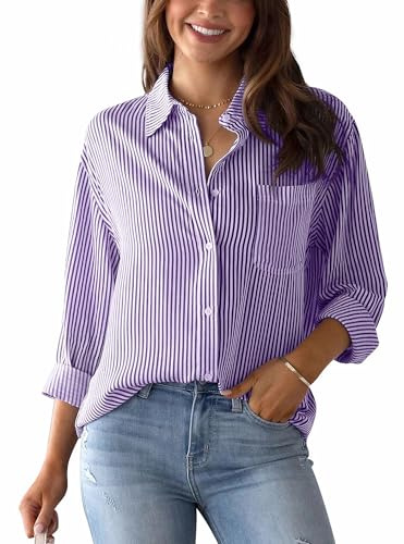 AIEOE Camicia Donna Elegante Scollo a V Camicia Maniche Lunghe a Righe Camicia Button Down Donna Casual Ufficio Blusa M Viola