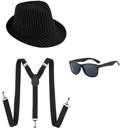 UILYNIU 3 Stück Mafia Gatsby Gangster Kostüm Herren, 1920s Jahre Herren Accessoires Hut Gläser Elastisch Hosenträger, Panama Gangster Hut Flapper Kostüm fur Halloween Karneval Kostümparty