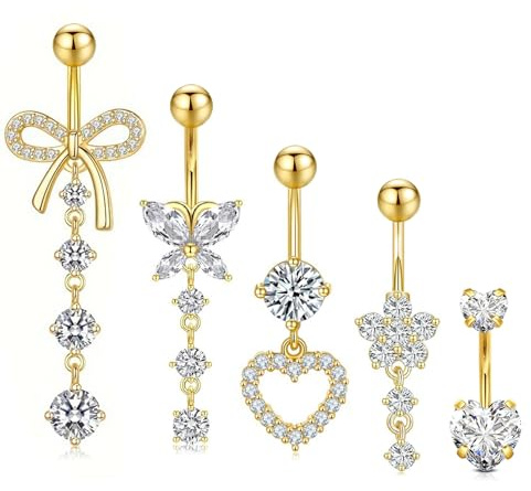 GLGHMH 5Pcs 14G Dangling Belly Button Rings, Silver Pink Stainless Steel Belly Bars with Flower Butterfly Heart, Navel Piercing Jewelry for Women Girls (Gold)