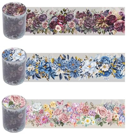 HNLMZ Washi Tape Set, 3 rullar klippbok klistermärken, blommor PET Washi tejp, PET transparent dekorativa klistermärken för klippböcker, dagböcker, anteckningsblock används och gör-det-själv-fotoalbum