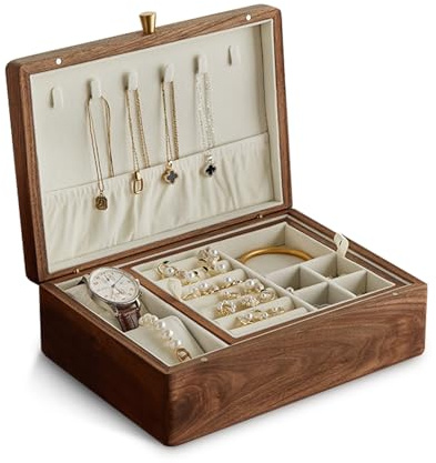 Piwah Black Walnut Solid Wooden Jewelry Box for Women, 2 Layer Classical Organizer with Removable Tray for Rings Necklaces Earrings Bracelet Watch Storage Birthday Gifts (2 Layer - White velvet)