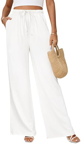 Jyanl Linen Pants for Women Flowy Palazzo Pants Boho High Waist Wide Leg Trousers Summer Beach Vacation Outfits White