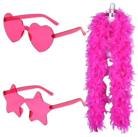 GIEEU Boa de plumas rosas con gafas en forma de estrellas y gafas de sol en forma de corazón, para disfraz, fiesta temática, carnaval, Cosplay, Halloween, boda, danza (200 cm), rosa, Talla única
