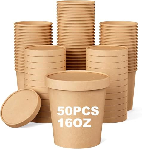 Bhina 50 Piezas Vasos de Papel para Sopa con Tapa, 460ml Vasos de Papel para Helado, Contenedores de Sopa de Paper, Taza Compostable Cuenco Cartón Kraft para Frutas Postre Aperitivos (Tapa Marrón)