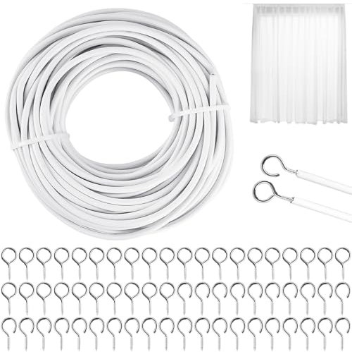 Bubuny 15M Filo per Tende Bianco Corda per Tende Sistema Tenditore con 30 Coppie di Ganci e Occhielli in Metallo per Tende da Interno, Doccia, Bastoni Tenda e Stendibiancheria, Cavo Tenda