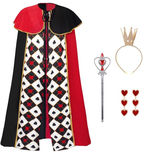 Maazusa Carnaval Reine Cape Déguisements Femmes Reine Adults Déguisement avec Cœur Cape Couronne Boucles d'oreilles en Forme de Cœur Pour Carnaval Anniversaire Party Costume