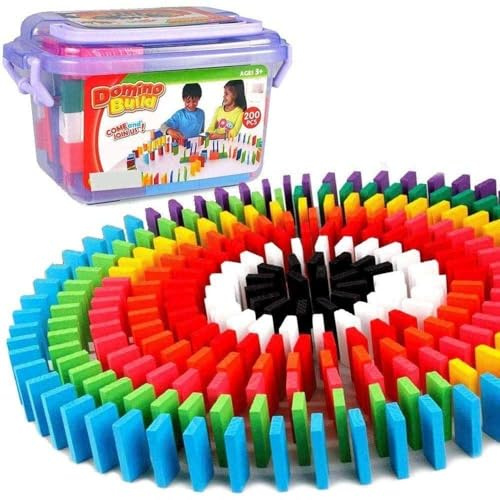 BAKAJI Set da 200 Tasselli Gioco Mattoncini Domino Legno Colorato, Giocattolo per Bambini, Adulti, Ragazzi, Costruzioni e Percorsi ad Effetto, Giochi di Abilità per Tutte le Età, Giocattoli da Tavola