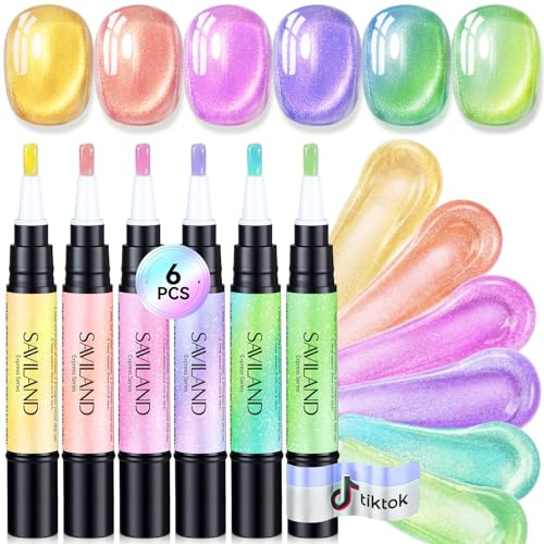 SAVILAND One Step - Set di smalti gel per unghie, 6 colori, occhi di gatto, set di smalti gel 3 in 1, con base colore e gel top coat, incluso magnete per unghie per una manicure rapida con effetto