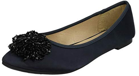 SPOTON Ladies Beaded Ruffle Vamp Flat Ballerina - Navy Satin - UK Size 4 - EU Size 37 - US Size 6