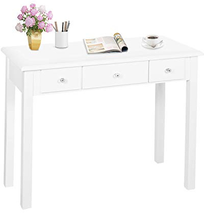 STHOUYN Home Office Small Writing Desk with Drawers Bedroom, Study Table for Adults/Student, Vanity Makeup Dressing Table Save Space Gifts White (White)