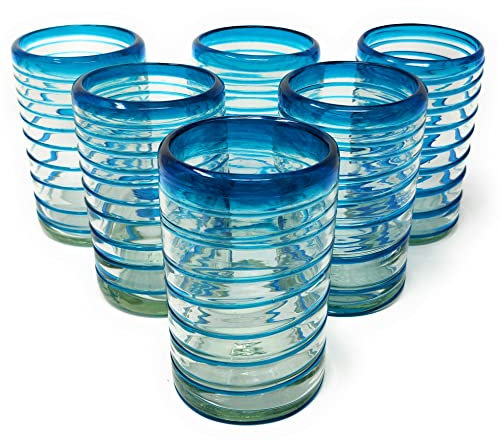 Mundgeblasene mexikanische Trinkgläser - Set mit 6 Gläsern mit Aqua Spirale Design (je 400 ml) ..