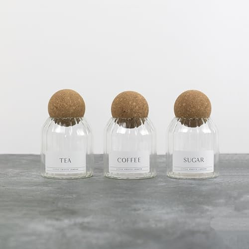 Little Crafts London Set of 3 Ribbed Cork Ball Glass Jars 500 ML Tea Coffee Sugar Labels included | Kitchen Food Storage Tea Coffee Sugar canister Food Storage canister glass jars with cork ball lid