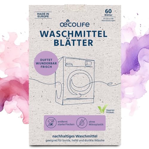 oecolife Waschmittel Blätter, 60 Waschladungen, Vollwaschmittel Made in EU, Waschmittelstreifen für Weiß- und Buntwäsche, wasserlöslich, biologisch abbaubar, nachhaltig, Waschstreifen, Waschblätter