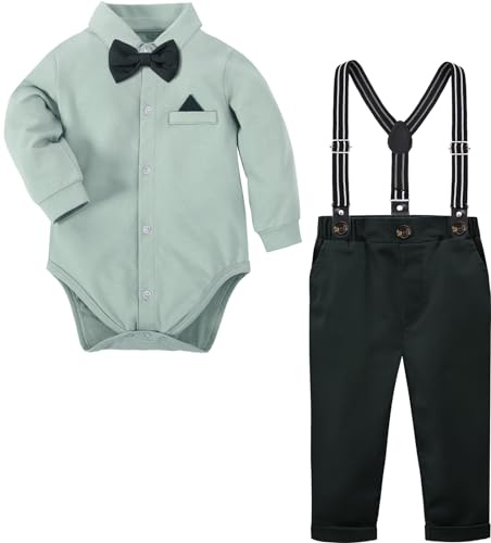 mintgreen Abbigliamento Neonato Maschio Battesimo,Completo Elegante Bambino Body Manica Lunga, Verde, 3-6 Mesi, 60