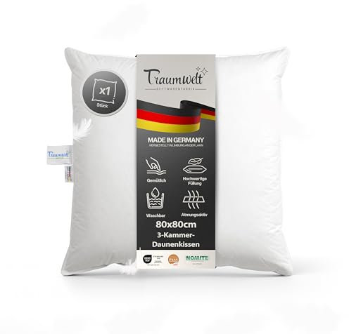 Traumwelt Natur Made in Germany 3-Kammer Daunen Kopfkissen 80x80 cm, weiß, Allergiker geeignet, Öko-Tex 100 Klasse 1 Zertifiziert, Downpass
