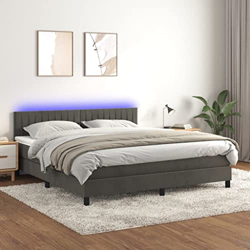 Homgoday Letto Box Spring Materasso e LED Velluto Grigio Scuro 160 x 200 cm, Rivestimento a Rete Protettore Molle Insaccate Adattabile Imbottito Reversibile Tessuto Tipo 5 Letti e Reti Mobili