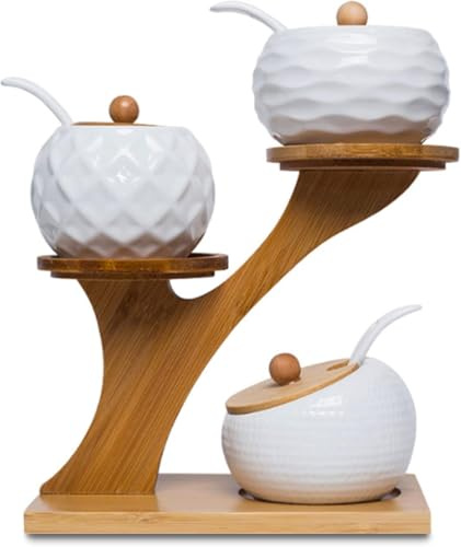 MIATTCLD Ceramic Condiment Set, Spice Container with Bamboo Cap and Ceramic Serving Spoon, Wooden Tray, Used to Store Sugar, Spices, Coffee, Tea, 170 ML(5.8 OZ)