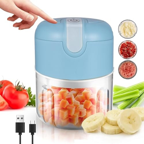 Jasfyee Hachoir Électrique 250ML, Mini Hachoir Coupe Oignon Automatique Acier Inoxydable 3 Lames, Hachoir Automatique Hachoir Legume Pour Lail, Viande, Fruit, Carotte, Saucisson