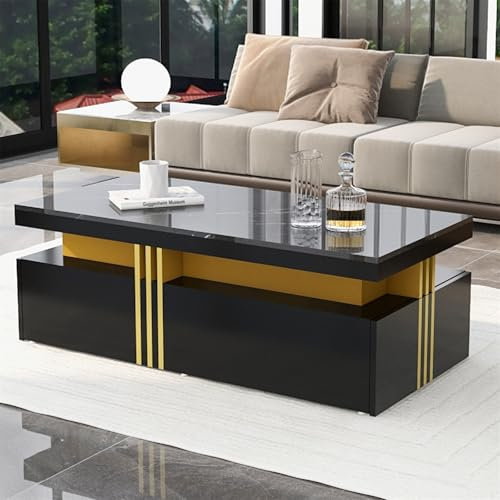 LuxeLiving Couchtisch mit Schubladen und Tischplatte in Marmoroptik Beistelltisch aus Holz mit goldenen Dekor, Wohnzimmertisch Industrial, 100x50x40 cm, Schwarz