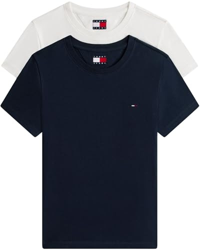 Tommy Jeans Camisetas de Manga Corta Pack de 2 Mujer con Cuello Redondo, Multicolor (Ecru/Dark Night Navy), L