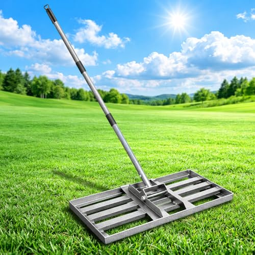 Rastrello livellatore per prato, strumento di livellamento per prato resistente con manico extra lungo in acciaio resistente, ideale per prati, cortile, giardini, campi da golf, fattorie e pascoli