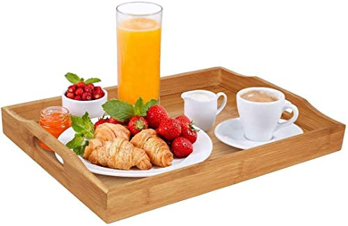 Dudoplatz Bamboo Serving Tray with Handles, Ideal for Dinner, Tea, Bar, Table, or Breakfast, Good for Parties or Bed (41 x 29 x 3 cm)