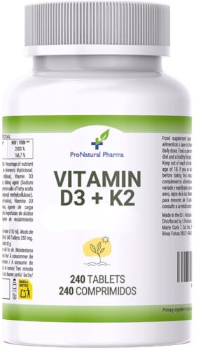 Vitamina D3 2000 UI + K2 MK-7 62,5 µg | Alta biodisponibilità | 1 compressa ogni 2 giorni = 16 mesi | Vegano | Senza additivi | Prodotto in UE | ProNatural Pharma